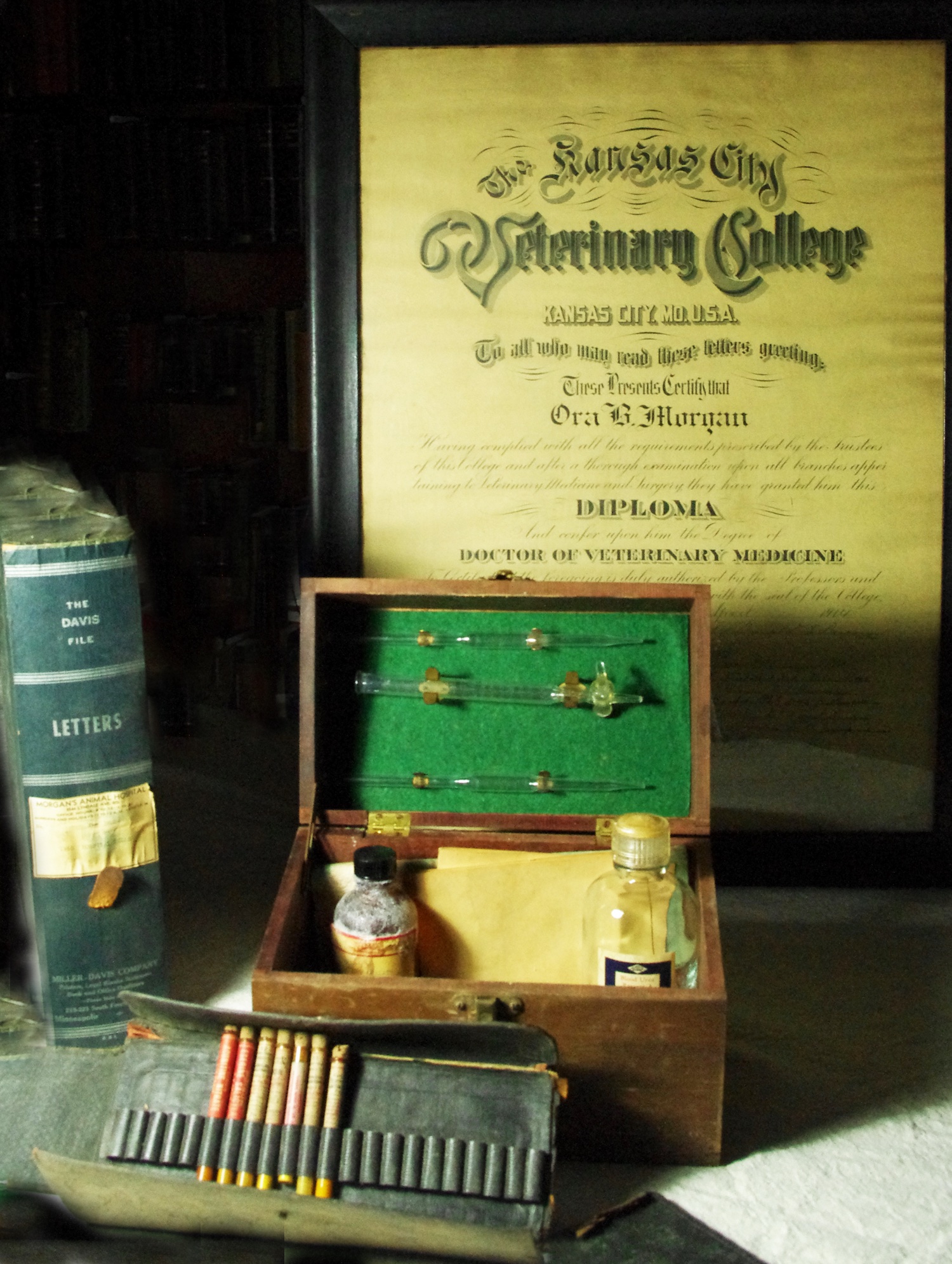 Artifacts recently collected from the Lyndale Animal Hospital including Morgan's 1914 diploma