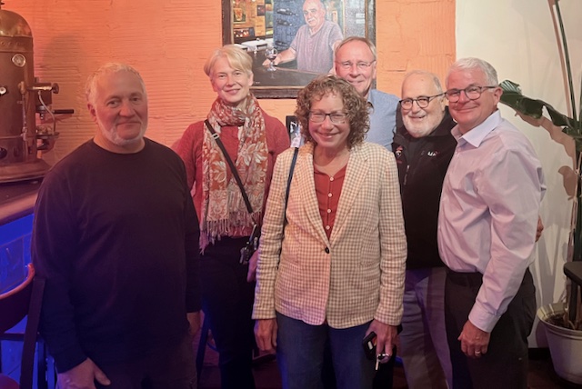 Pre-event celebration at Caffe Biaggio. From left: Paul Maravelas, Susan Jones, Peter Koolmees, Lanny Kraus, and Ben Porter
